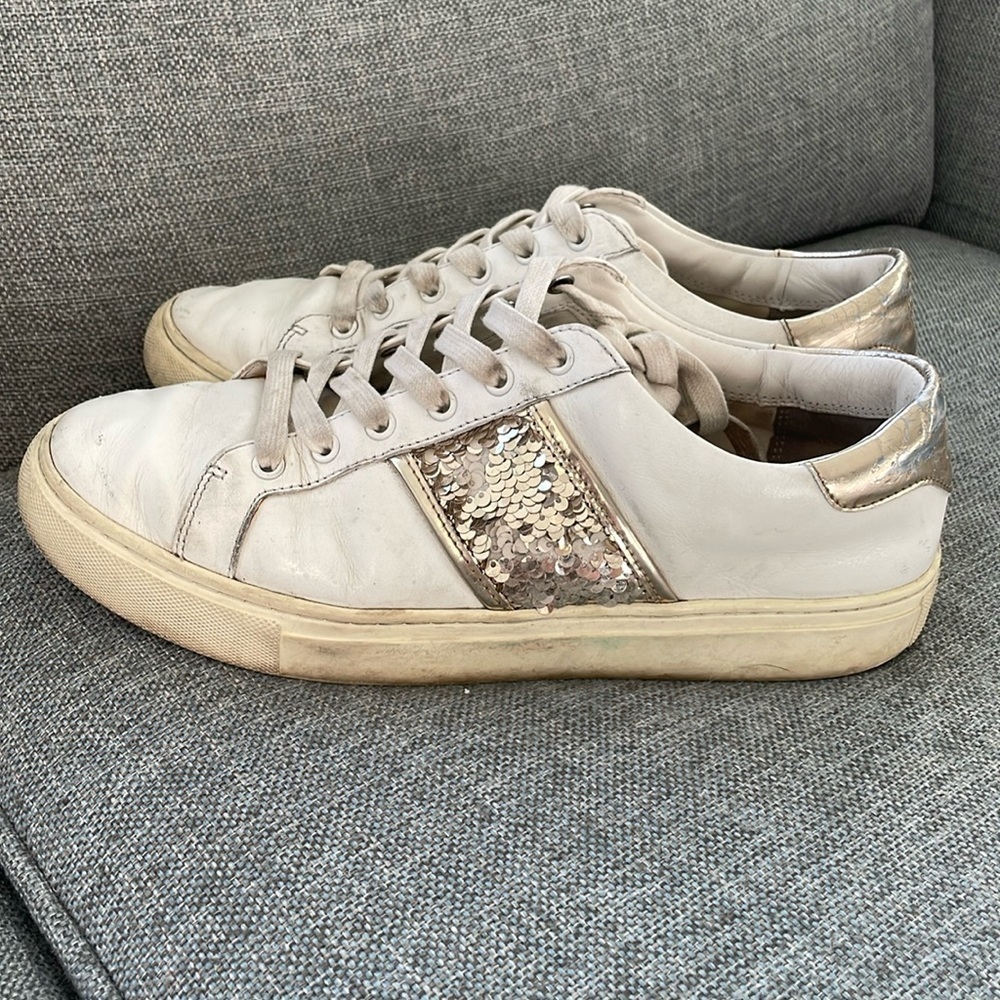 Gc Tory Burch White Leather Sequins Detail Low Top Casual Lace Up Sneaker Sz 9